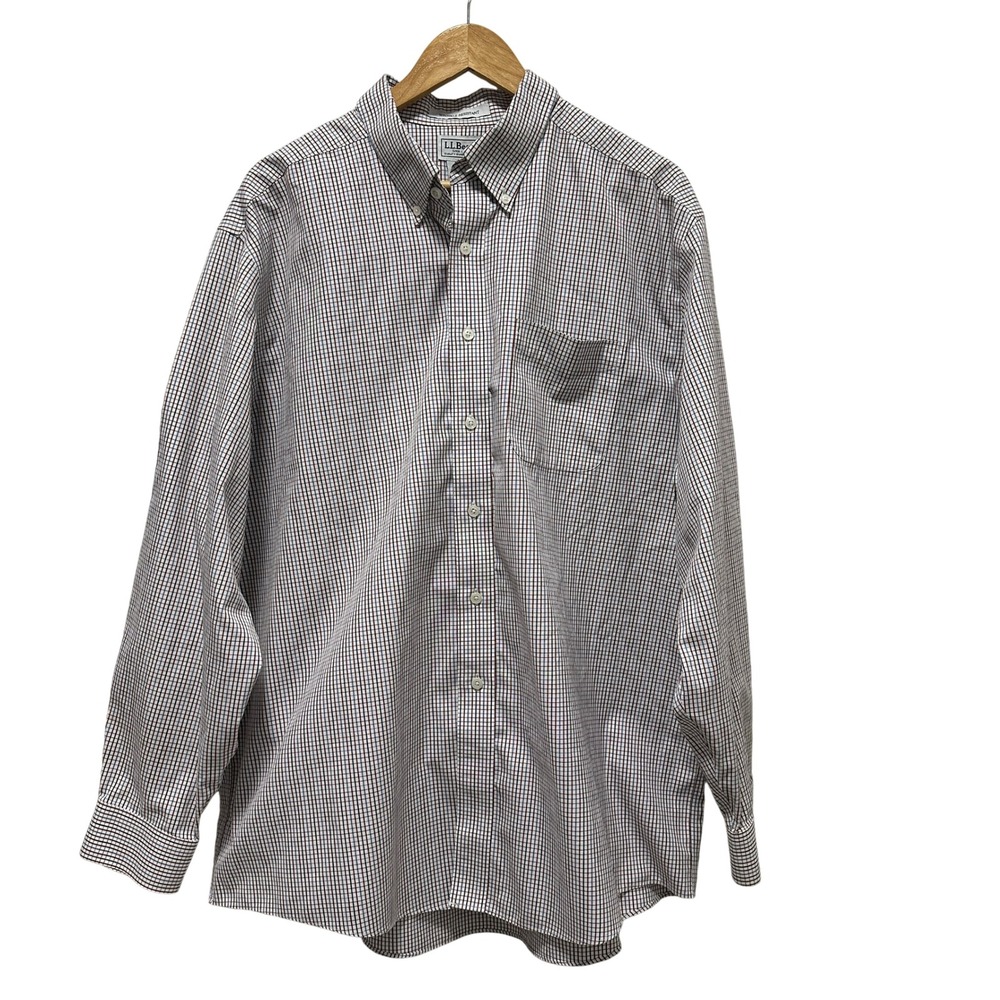 LL Bean Button Down Shirt‎ Mens 17.5-35 White Plaid Wrinkle Resistant Cotton